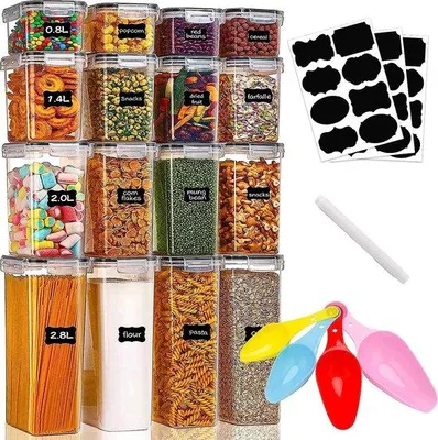 Obrázek produktu pro Sada 16 úložných nádob Unyqoos® – vzduchotěsné, stohovatelné nádoby z ABS plastu bez BPA, obsahující: 4 nádoby o objemu 0,8 l, 4 nádoby o objemu 1,4 l, 4 nádoby o objemu 2,0 l a 4 nádoby o objemu 2,8 l. Součástí balení jsou také 4 odměrky a 30 štítků