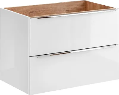 A white vanity cabinet with a wood-grain top and two drawers, shown from a front-side angle against a white background.