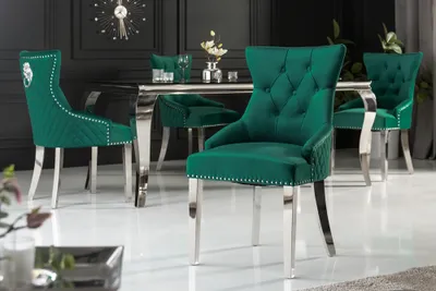 Produktbild von Invicta Interior Stuhl Samt Edelstahl smaragdgrün Barock Löwenkopf CASTLE DELUXE mit geschwungenen silbernen Füßen