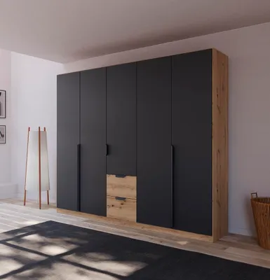 Produktbild von Kleiderschrank Drehtürenschrank Dark&Wood | 5-türig | mit Schubkästen | grau metallic / Eiche Artisan | 226x210