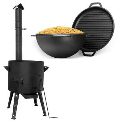 Produktbild von Ø40 Uchag 2mm Stahl Utschak mit Abzugsrohr Utschag Campingofen 12L Gusseisen Kazan mit Gusseisen Deckel-Grillpfanne Kasan Feuerstelle Feldküche