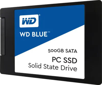 A black solid state drive with a blue and white label.
