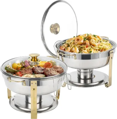 Zdjęcie produktu dla Warmounts Zestaw 2 złotych naczyń do podgrzewania bufetu Podgrzewacz 4,7 l Okrągły ze szklaną pokrywką, polerowana stal nierdzewna, możliwość układania w stos, uchwyt na pokrywkę, idealny na przyjęcia i wesela
