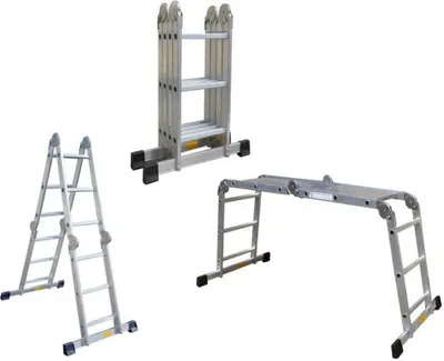 Produktbild von Probautec Mehrzweckleiter Aluminium mit Plattform, Arbeitshöhe 4,55 m, 4x3 Sprossen, ca. 19 kg (inkl. Arbeitsplattform), Arbeitsbühne (ca. 228x35x96 cm), Bockleiter (ca. 174x35x111 cm), Anlegeleiter (ca. 355x35 cm)