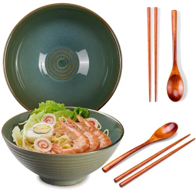 Ramen-Schalen 2er Set, 1200 ml, 20 cm, Keramik, grüne Glasur