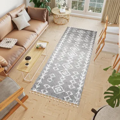 Produktbild von Teppichläufer Flur Teppich Hochflor Langflor Modern Brücke Wohnzimmer Schlafzimmer Design Grau Creme Fransen 100 x 150 cm