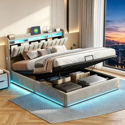 Zdjęcie produktu dla Łóżko tapicerowane INONEFT 140x200, nowoczesne łóżko młodzieżowe z podświetleniem LED i portami USB, łóżko hydrauliczne z pojemnikiem na pościel i sprężynami, obite szarym welurem, bez materaca