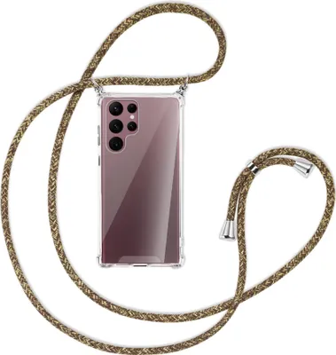 Produktbild von Handykette Backcover-Schutzhülle mit Band (Metall silberfarben) für Samsung Galaxy S22 Ultra 5G (S908) - braun+beige