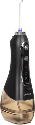 A black and transparent brown water flosser with a clear nozzle is shown against a white background.