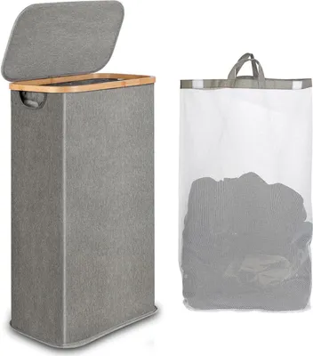 Produktbild von Wäschekorb mit Deckel 60L Bambus grau faltbar waschbarer Innentasche