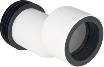 A white plumbing adapter with black rubber seals, shown at an angle against a white background.