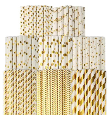 Image de Pailles en papier biodégradables, 200 pièces, 8 motifs, couleur or, 197 mm