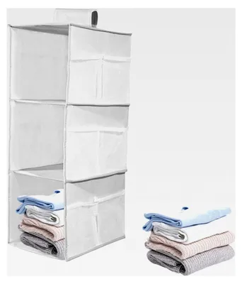 Produktbild von Hängeregal für Kleiderschrank, 3 Fächer mit Hängeaufbewahrung, Organizer mit 9 Netzseitentaschen, Faltbares Regal für Pullover und Kleidung, Grau