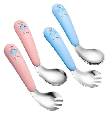 Immagine prodotto di Set di posate per bambini, 4 pezzi: cucchiai e forchette, acciaio inossidabile, motivo elefanti