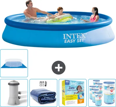 Immagine prodotto di Piscina gonfiabile rotonda Easy Set Intex - 366 x 76 cm - blu - pompa inclusa - tenda da sole - pacchetto manutenzione - filtro - telo di fondo