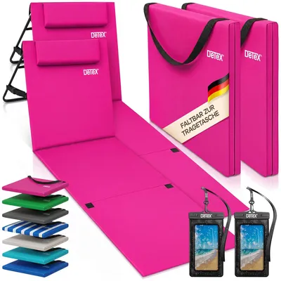Produktbild von DETEX® 2x Strandmatte mit Rückenlehne Gepolstert Pink Sonnenliege klappbar UV-beständig Tasche Reißverschluss Kissen Tragegurt Garten Camping Picknick Liegematte 158x56cm