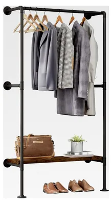 Produktbild von Kleiderstange im industriellen Stil schwarz, Kleiderständer zur Wandmontage, Garderobenständer mit Ablage für das Schlafzimmer, Kleiderstangensystem aus Metallrohren und MDF