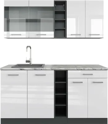 Produktbild von Singleküche Vicco R-Line Weiß Hochglanz/Anthrazit 160 cm , AP Marmor, Model 42953