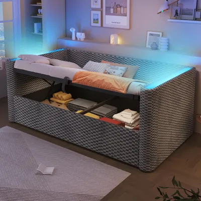 Image de Lit de jour, Daybett, Canapé-lit, 90 x 200 cm, avec éclairage LED, avec mécanisme de rangement hydraulique, sommier à lattes (sans matelas), velours, gris