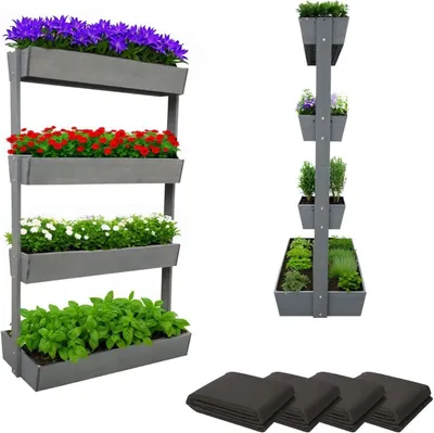 Two vertical garden planters filled with various plants and flowers, along with folded fabric sheets, are displayed against a white background.