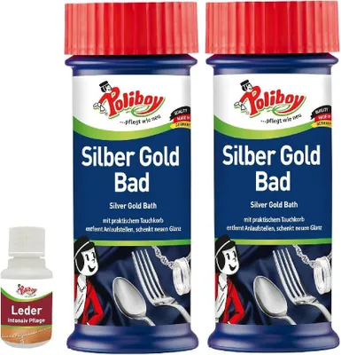 Produktbild von Poliboy 2er Set Silber Gold Bad Reinigungsmittel - Inklusive Leder Probe - 750ml, Inhalt jeweils 375 ml, Reinigung & Pflege - 8237501