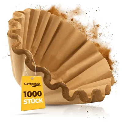 A brown paper coffee filter with a yellow tag attached.