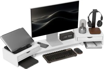 Produktbild von Monitorständer - Verstellbarer Bildschirmhalter - Winkel- und Längenverstellbar - Höhenverstellbar - 2 Schubladen - Weiß