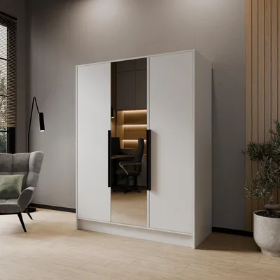 Produktbild von Masseno Drehtürenschrank RENVO 150/200/51 cm Modern Kleiderschrank 3-türig mit Spiegel Weiß