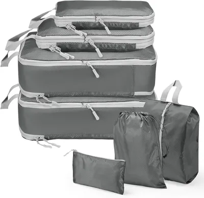 Image de Ensemble de 7 sacs de rangement compressibles, organisateur de valise, couleur gris, idéal pour les voyages