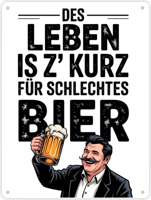 Produktbild von Leben zu kurz für schlechtes Bier Metallschild XL in 21x28 cm Mann mit Bierkrug