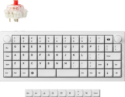 A white mechanical keyboard and a single keyboard switch are displayed against a white background.