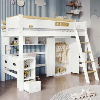 Productafbeelding van Stapelbed 90x200 cm, wit, naturel, gemaakt van grenen, MDF en multiplex, met valbeveiliging en een bureau en garderobekast voor kinderkamers