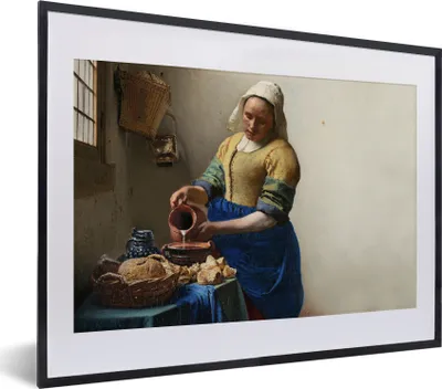 Produktbild von MuchoWow® Gerahmtes Poster Das Milchmädchen - Kunst - Alte Meister - Vermeer 40x30 cm - Poster mit Schwarzem Bilderrahmen Wandposter Rahmen Foto Bilder - Bilderrahmen - Poster im Rahmen