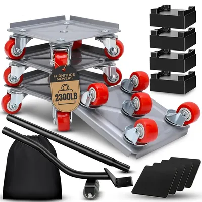 Produktbild von 5-Rad-Möbelwagen-Set – 4 Rollen und Hebevorrichtung, 750 kg Tragkraft, 360°-Drehgelenk, Bodensicherung, Brechstange und Tasche
