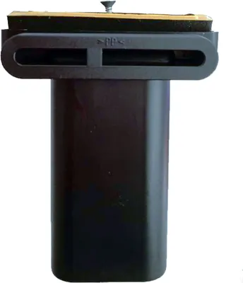 A black plumbing overflow part for a sink, shown against a white background.