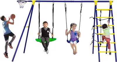Produktbild von GOPLUS 5-in-1 Kinderschaukel mit Metallgestell, Schaukelset mit 2 Schaukeln bis 75 kg, Kletterleiter & Basketballkorb, Schaukelgerüst, 294 x 140 x 175 cm, Blau + Gelb