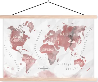 Produktbild von MuchoWow® Textilposter Weltkarte - Farbe - rosa 60x40 cm mit holzfarbenen Rahmen - Bilder