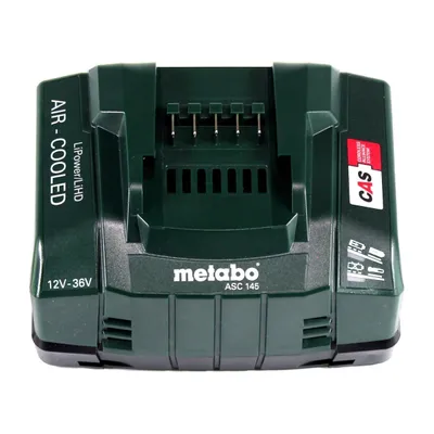 A Metabo battery charger is shown against a white background.