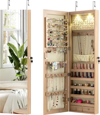 Produktbild von COSTWAY Schmuckschrank, Schmuckregal mit LED Beleuchtung, Spiegel, Spiegelschrank mit Schlüsseln, Schmuckaufbewahrung, 35,5x10x120cm, Beige
