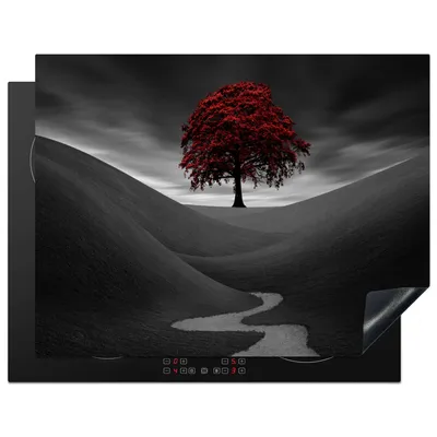 Produktbild von KitchenYeah© Herdabdeckplatte Schwarz-Weiß-Foto mit einem roten Baum , 77x59cm, Küche Deko, Glaskeramikkochfeld Herdabdeckung, Abdeckplatte fùr Kochfeld