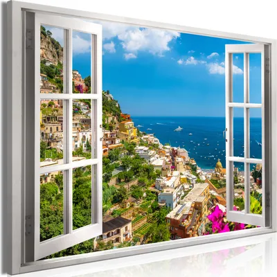Produktbild von Modernes Wandbild Fensterblick 120x80 - 1 Teile Bilder Fotografie auf Vlies Leinwand Foto Bild Dekoration Wand Bilder Kunstdruck Positano Italy Landschaft d-C-0226-b-a