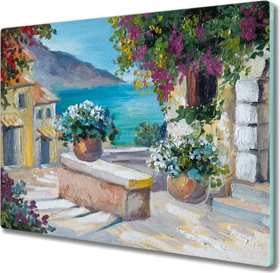Produktbild von Coloray Hackbrett Herdabdeckplatte 60x52 cm Küchenbrett Kochplattenabdeckung Schneidebrett - Stadt Blumen Himmel