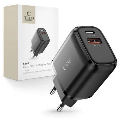 Obrázek produktu pro Tech-Protect C20W 2-Portová Síťová Nabíječka Pd20W/Qc3.0 Černá
