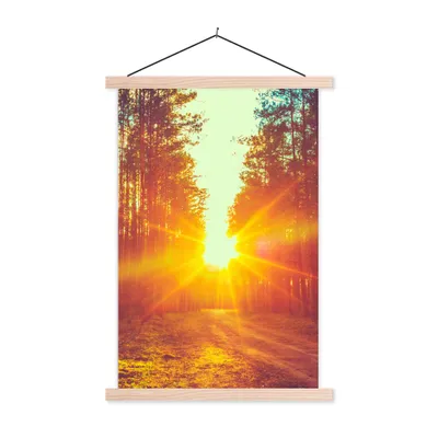 Produktbild von MuchoWow® Textilposter Sonnenuntergang - Bäume - Wald - Natur 120x180 cm mit holzfarbenen Rahmen - Textil-Plakat