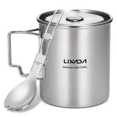 Obrázek produktu pro Outdoorový hrnek Lixada 750 ml, hrnek na vodu z nerezové oceli se skládacími uchy a víčkem pro kempování, turistiku, batoh na zádech