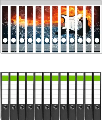 Produktbild von Wallario 12 Stück schmale Ordner inkl. Klebeetiketten mit Motive Feuer-Wasser-Gitarre -  Set mit Rückenschildern / Ordnerrücken Stickern