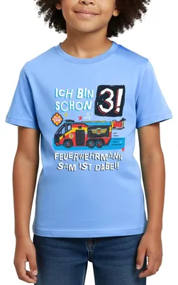 Produktbild von Spreadshirt Feuerwehrmann Sam Geburtstagsdesign 3 Jahre Kinder T-Shirt, 122/128 (7-8 Jahre), Himmelblau