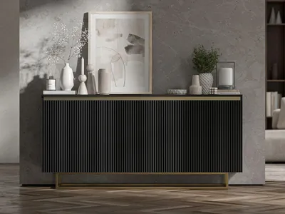 Produktbild von Kommode RTV SELENE von Lindner Möbel – dreitürig – 166,8 x 35 x 78,4 cm Farbe: Schwarz matt- Italienische Tiefmattfolie