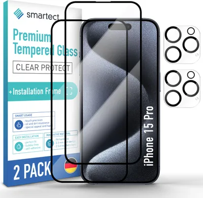 Produktbild von 2x Schutzglas Full Screen für iPhone 15 Pro Anbringhilfe + 2x Kameraschutz Glas