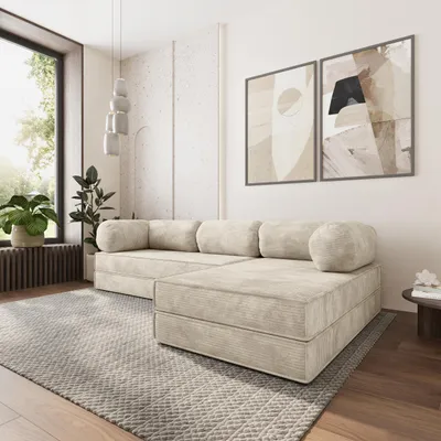 Produktbild von Masseno Ecksofa ETERA mit Schlaffunktion, Modulares Schlafsofa aus Schaumstoff, Klappbares Bodensofa - Creme, POSO 100